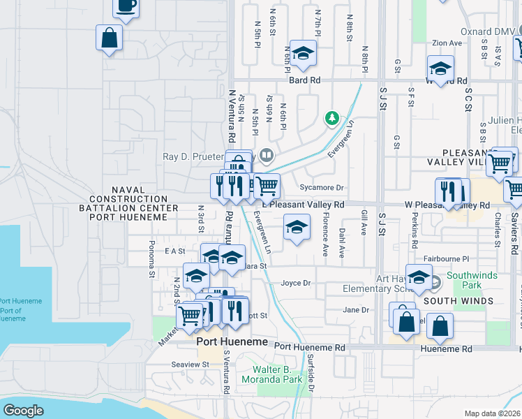 map of restaurants, bars, coffee shops, grocery stores, and more near 510 East Pleasant Valley Road in Port Hueneme