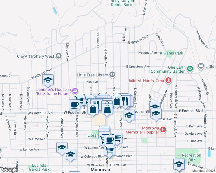 map of restaurants, bars, coffee shops, grocery stores, and more near 219 North Encinitas Avenue in Monrovia