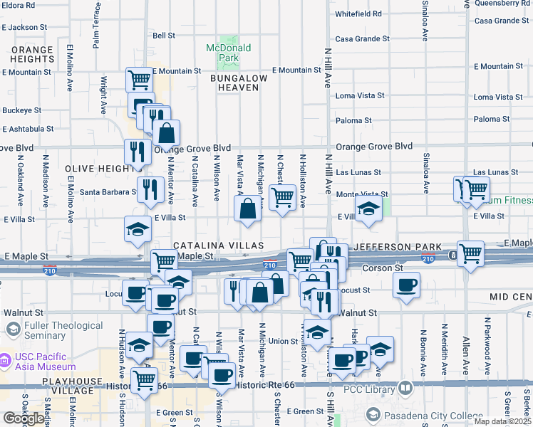 map of restaurants, bars, coffee shops, grocery stores, and more near 519 North Chester Avenue in Pasadena