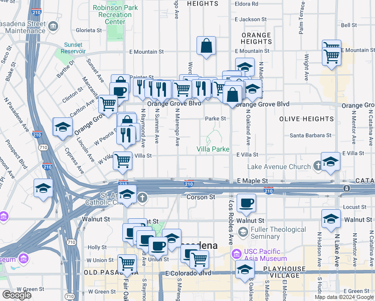 map of restaurants, bars, coffee shops, grocery stores, and more near 587 Garfield Avenue in Pasadena