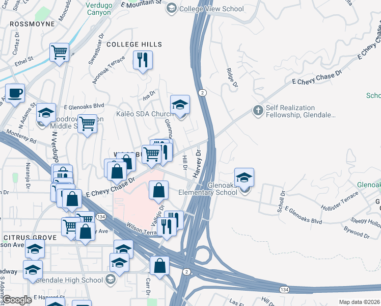 map of restaurants, bars, coffee shops, grocery stores, and more near 1920 East Chevy Chase Drive in Glendale