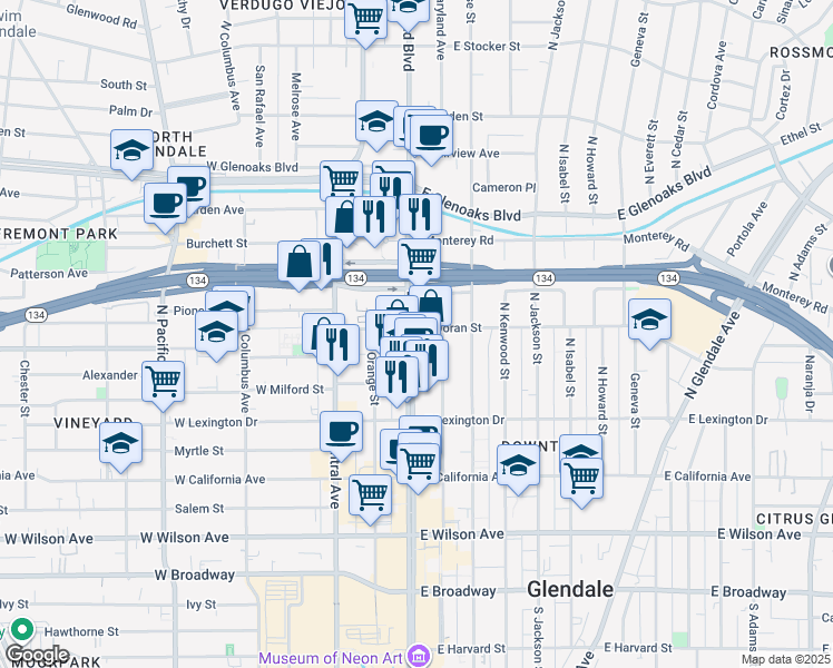 map of restaurants, bars, coffee shops, grocery stores, and more near 601 North Brand Boulevard in Glendale