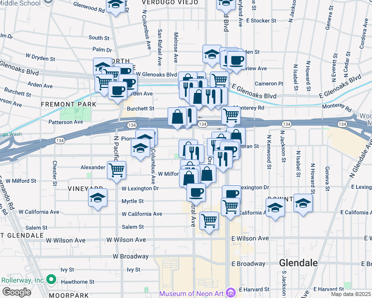 map of restaurants, bars, coffee shops, grocery stores, and more near 633 North Central Avenue in Glendale