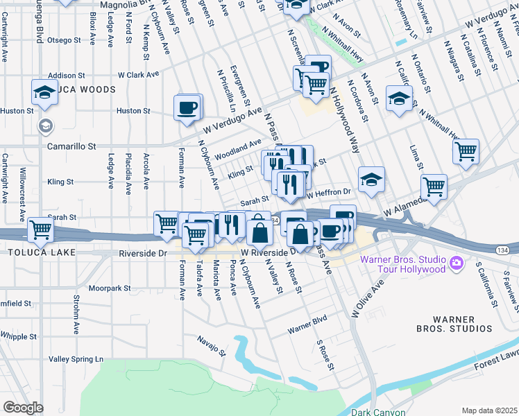 map of restaurants, bars, coffee shops, grocery stores, and more near 4339 West Sarah Street in Burbank