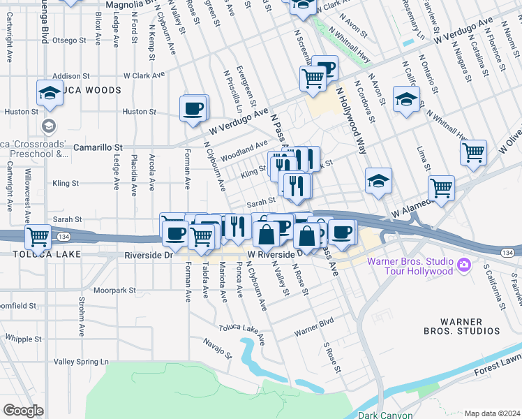 map of restaurants, bars, coffee shops, grocery stores, and more near 4339 West Sarah Street in Burbank
