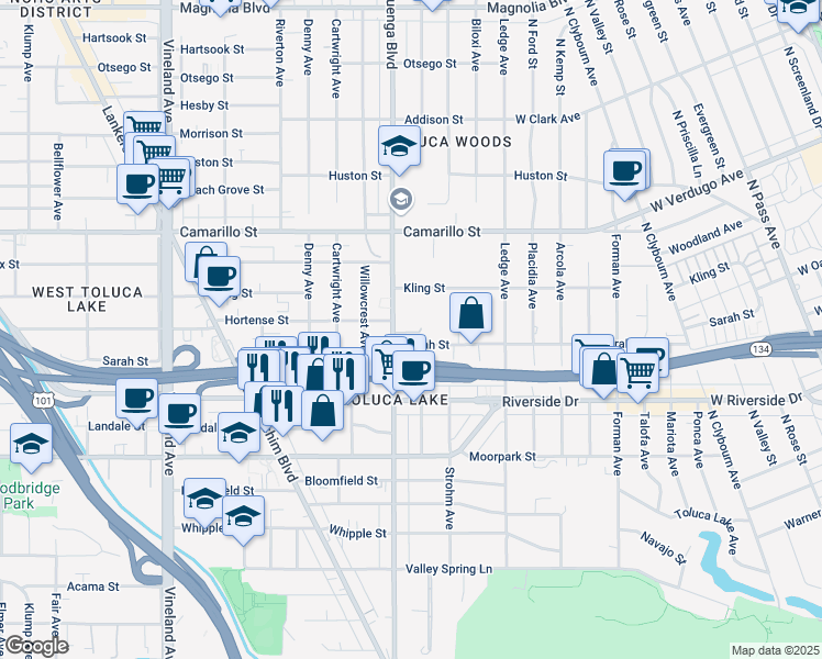 map of restaurants, bars, coffee shops, grocery stores, and more near 4636 Cahuenga Boulevard in Los Angeles