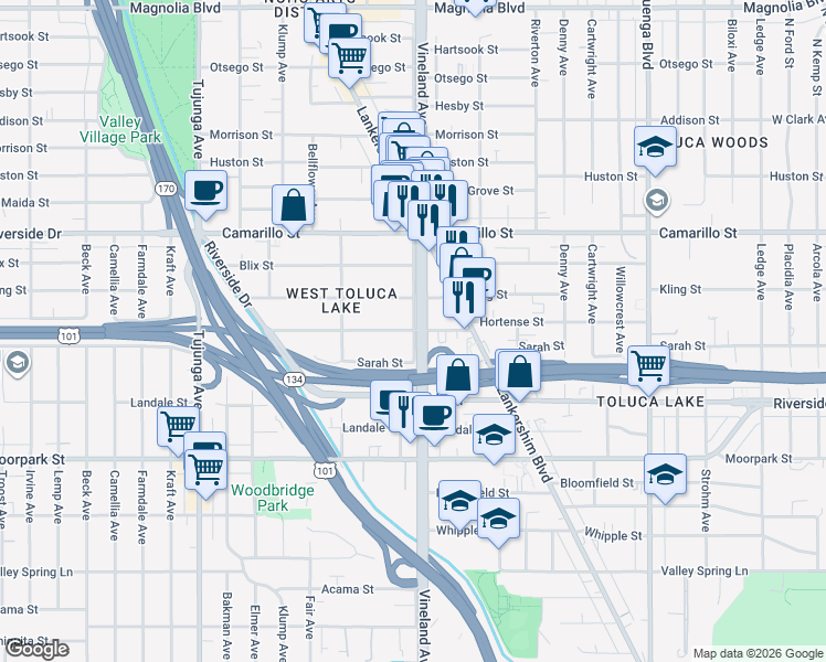 map of restaurants, bars, coffee shops, grocery stores, and more near 11006 Kling Street in Los Angeles