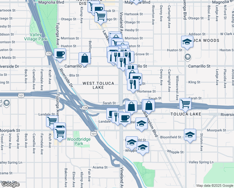 map of restaurants, bars, coffee shops, grocery stores, and more near 11006 Kling Street in Los Angeles