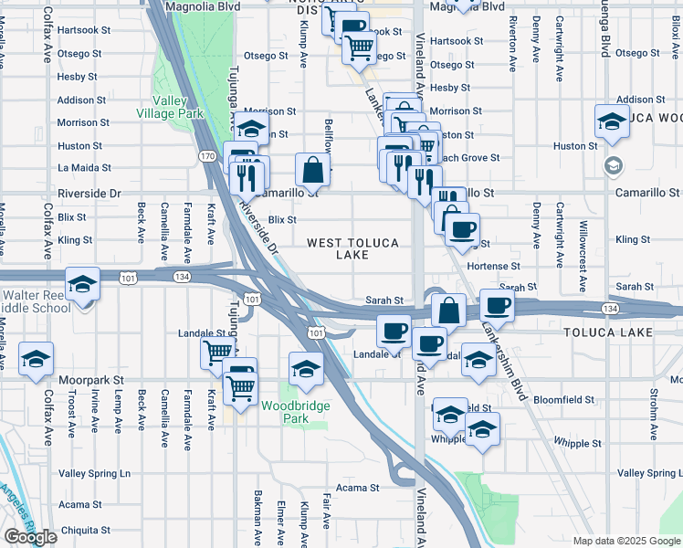 map of restaurants, bars, coffee shops, grocery stores, and more near in Los Angeles