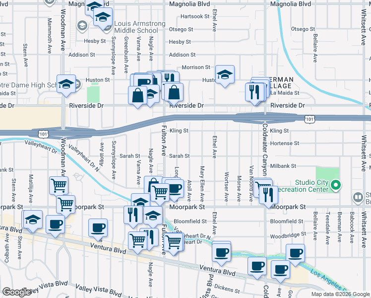 map of restaurants, bars, coffee shops, grocery stores, and more near 4635 Atoll Avenue in Los Angeles