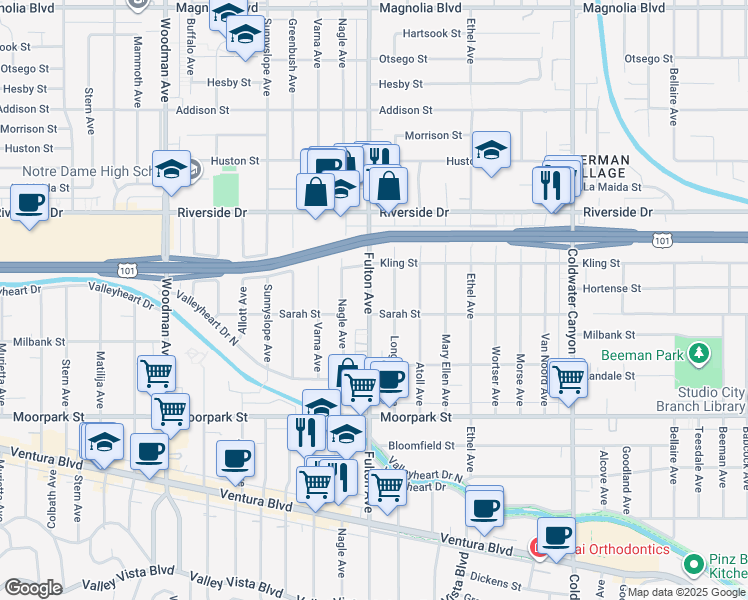map of restaurants, bars, coffee shops, grocery stores, and more near 4634 Fulton Avenue in Los Angeles
