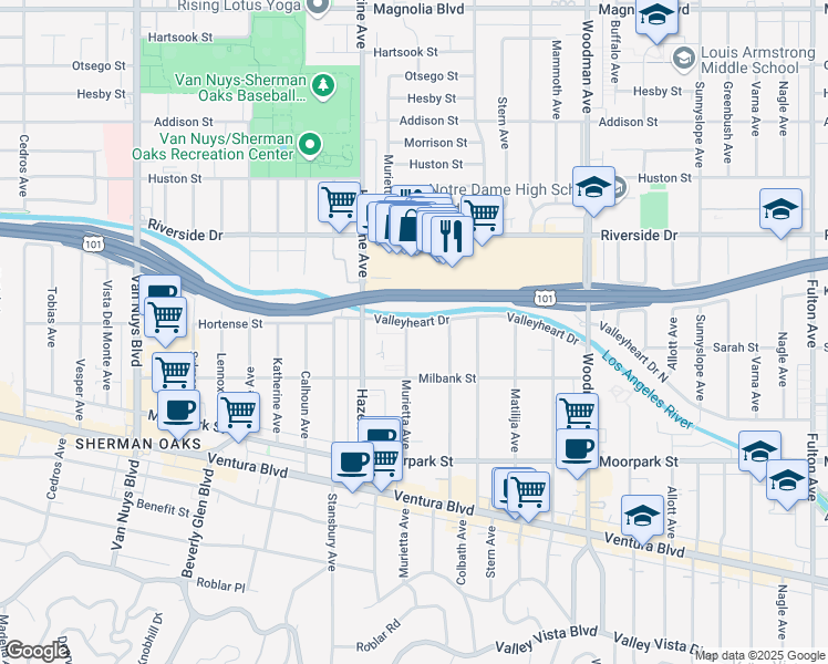 map of restaurants, bars, coffee shops, grocery stores, and more near 14056 Valleyheart Drive North in Los Angeles