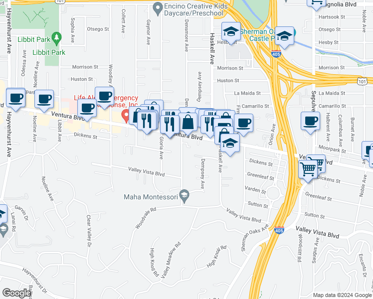 map of restaurants, bars, coffee shops, grocery stores, and more near 4610 Densmore Avenue in Los Angeles