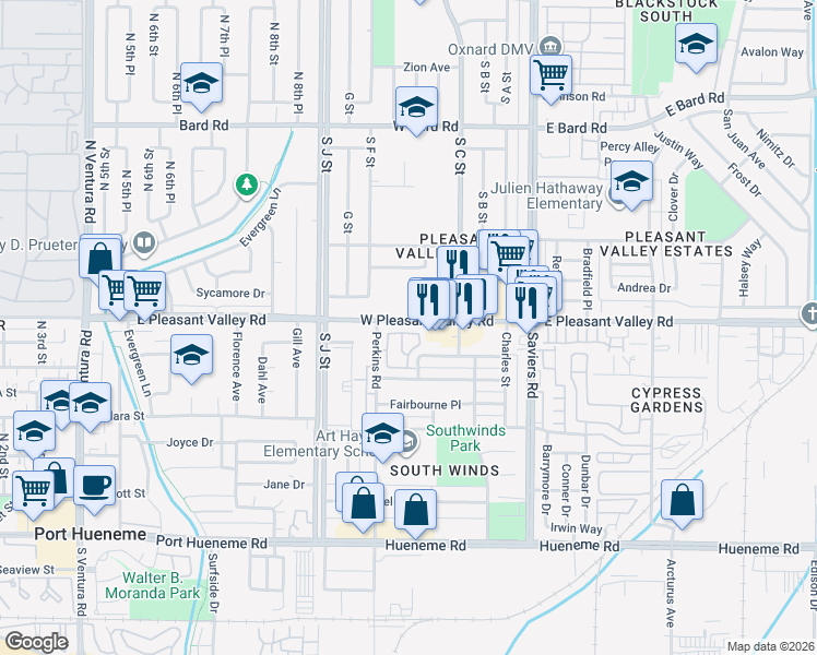 map of restaurants, bars, coffee shops, grocery stores, and more near 463 West Pleasant Valley Road in Oxnard