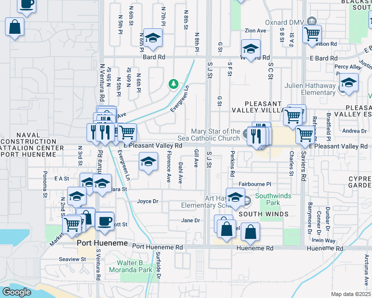 map of restaurants, bars, coffee shops, grocery stores, and more near 767 East Pleasant Valley Road in Port Hueneme