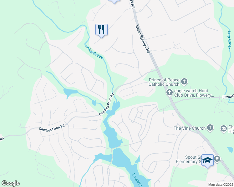 map of restaurants, bars, coffee shops, grocery stores, and more near 6564 Crosscreek Lane in Flowery Branch