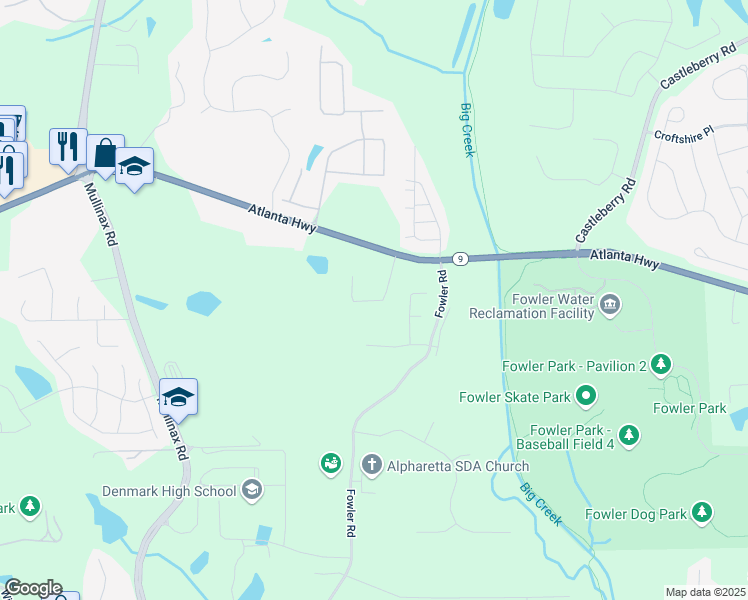 map of restaurants, bars, coffee shops, grocery stores, and more near 4429 Atlanta Highway in Alpharetta