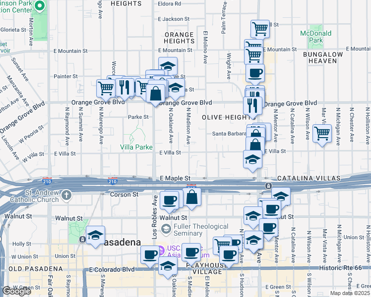 map of restaurants, bars, coffee shops, grocery stores, and more near 497 North Madison Avenue in Pasadena