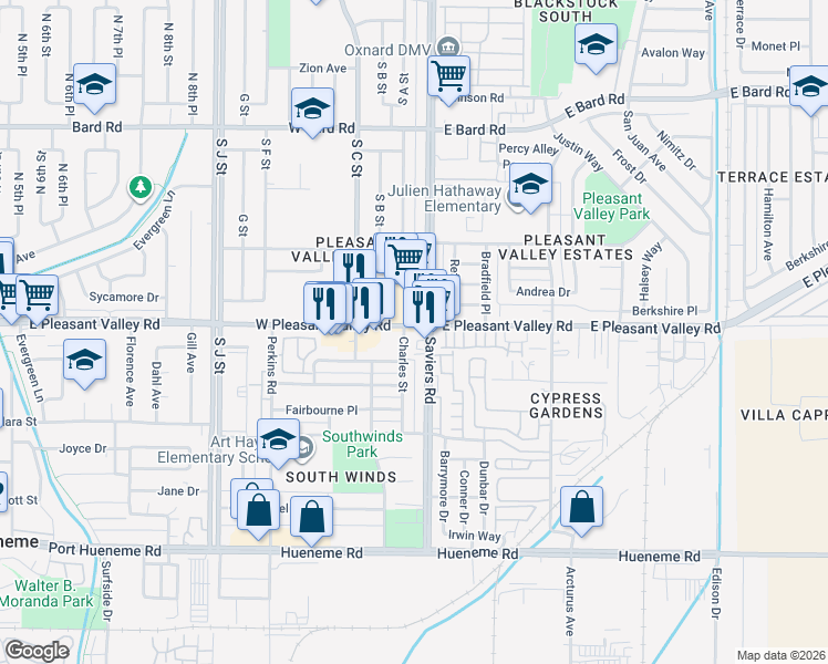 map of restaurants, bars, coffee shops, grocery stores, and more near Saviers Road in Oxnard