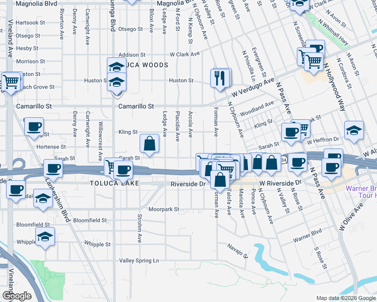 map of restaurants, bars, coffee shops, grocery stores, and more near 4619 Arcola Avenue in Los Angeles
