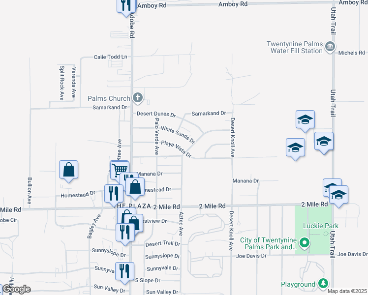 map of restaurants, bars, coffee shops, grocery stores, and more near 73904 Playa Vista Drive in Twentynine Palms