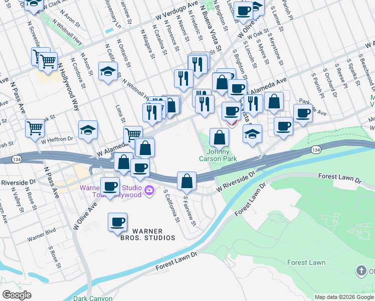 map of restaurants, bars, coffee shops, grocery stores, and more near 201-289 Bob Hope Dr in Burbank
