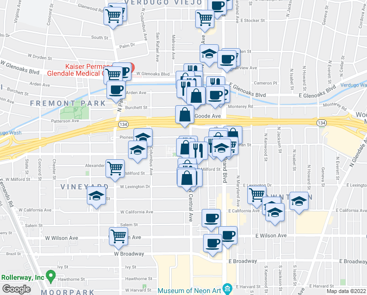 map of restaurants, bars, coffee shops, grocery stores, and more near 633 North Central Avenue in Glendale