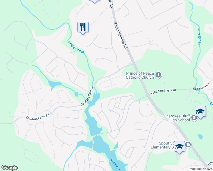map of restaurants, bars, coffee shops, grocery stores, and more near 6523 Crosscreek Lane in Flowery Branch
