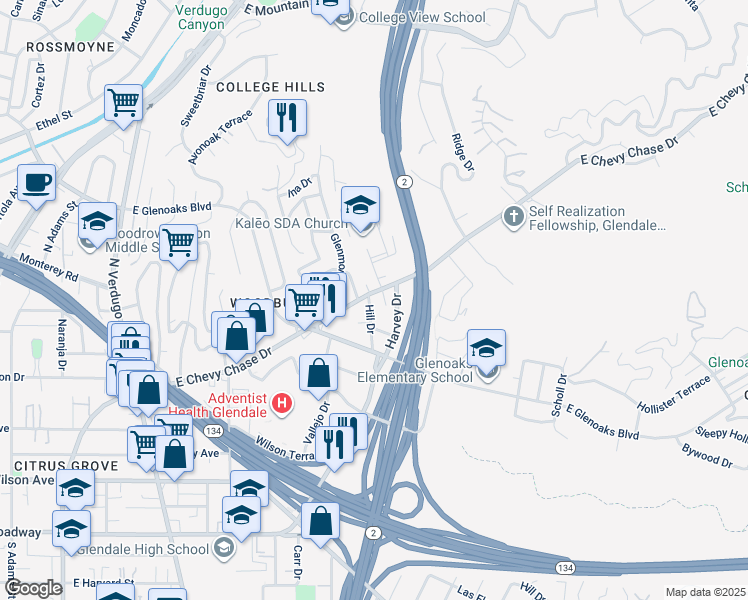 map of restaurants, bars, coffee shops, grocery stores, and more near 1900 East Chevy Chase Drive in Glendale