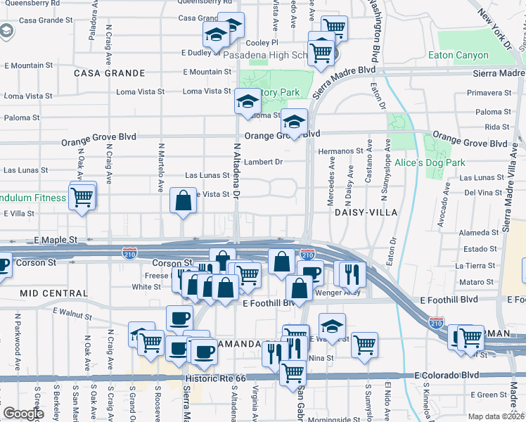map of restaurants, bars, coffee shops, grocery stores, and more near 2589 East Villa Street in Pasadena