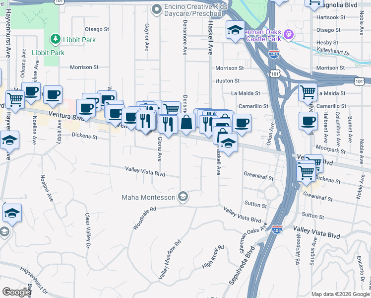 map of restaurants, bars, coffee shops, grocery stores, and more near 4610 Densmore Avenue in Los Angeles