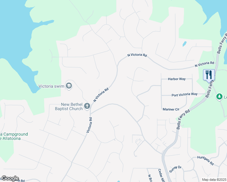 map of restaurants, bars, coffee shops, grocery stores, and more near 385 North Victoria Road in Woodstock