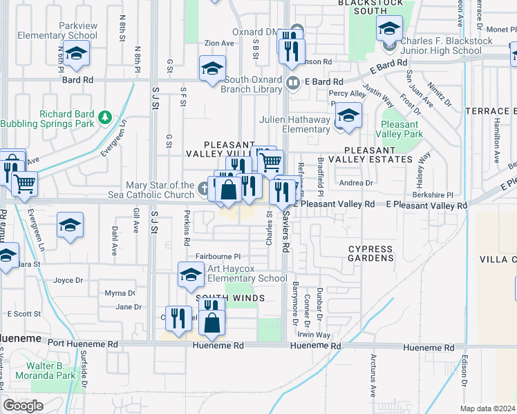 map of restaurants, bars, coffee shops, grocery stores, and more near 232 West Pleasant Valley Road in Oxnard