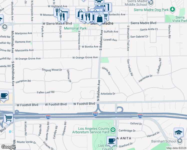 map of restaurants, bars, coffee shops, grocery stores, and more near 1310 Santa Margarita Drive in Arcadia