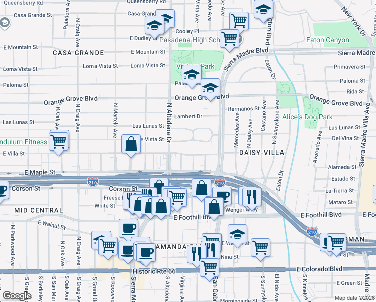 map of restaurants, bars, coffee shops, grocery stores, and more near 2589 East Villa Street in Pasadena