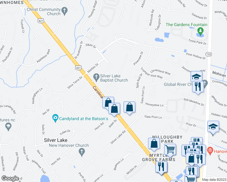 map of restaurants, bars, coffee shops, grocery stores, and more near 4231 Winding Branches Drive in Wilmington