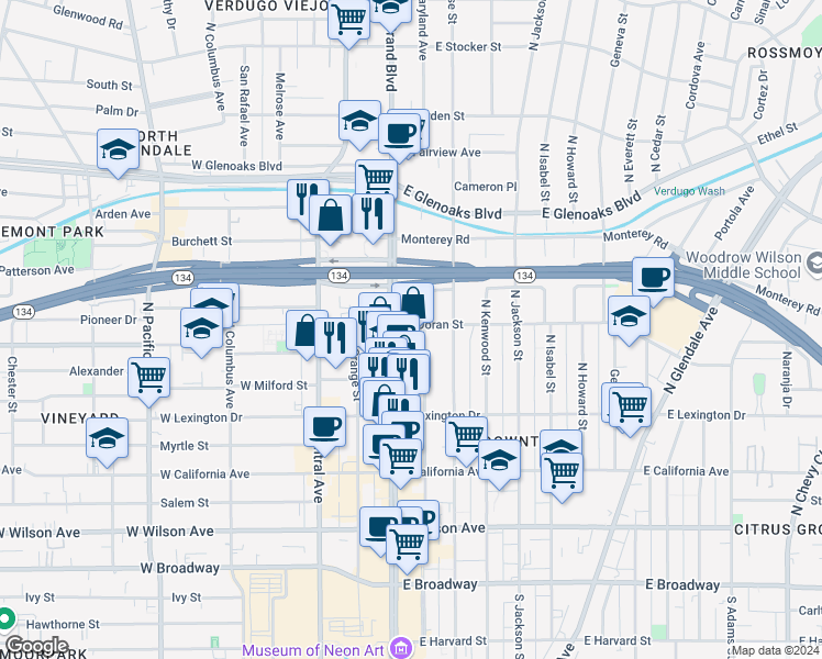 map of restaurants, bars, coffee shops, grocery stores, and more near 510 North Jackson Street in Glendale