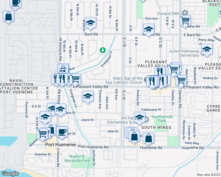 map of restaurants, bars, coffee shops, grocery stores, and more near 767 East Pleasant Valley Road in Port Hueneme