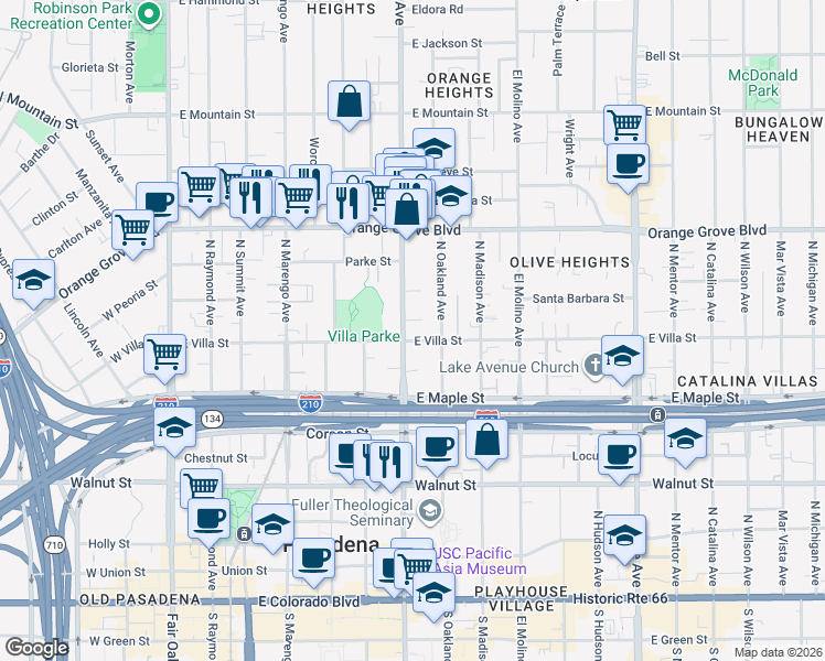 map of restaurants, bars, coffee shops, grocery stores, and more near 500 North Los Robles Avenue in Pasadena