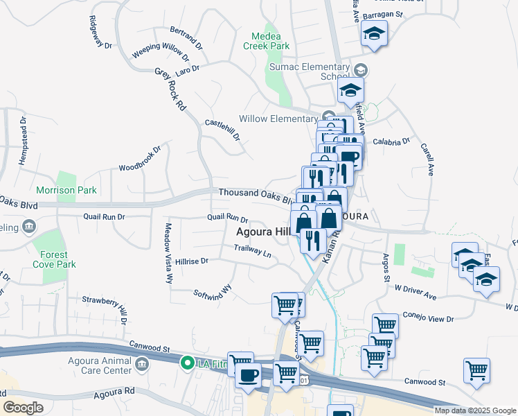map of restaurants, bars, coffee shops, grocery stores, and more near 29160 Oakpath Drive in Agoura Hills