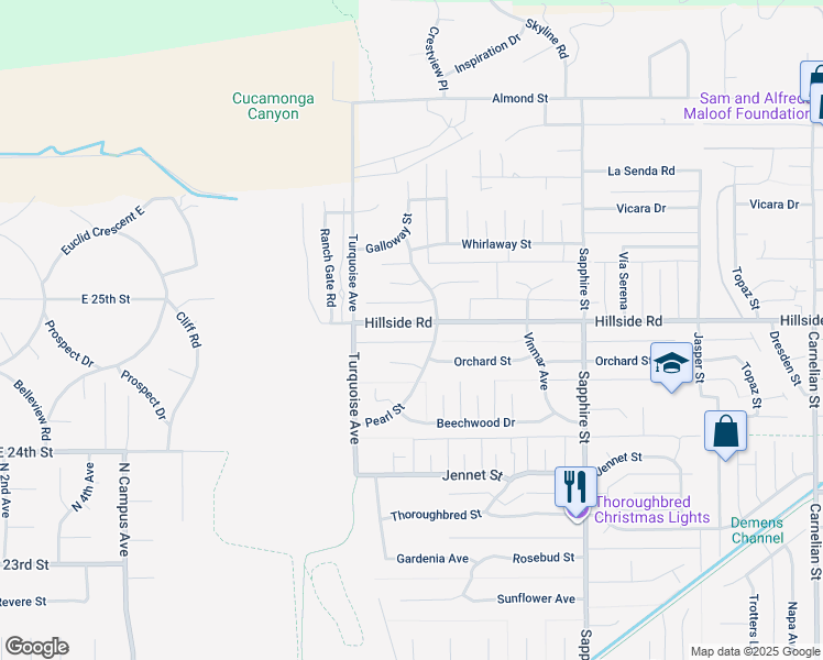 map of restaurants, bars, coffee shops, grocery stores, and more near 8005 Hillside Road in Rancho Cucamonga
