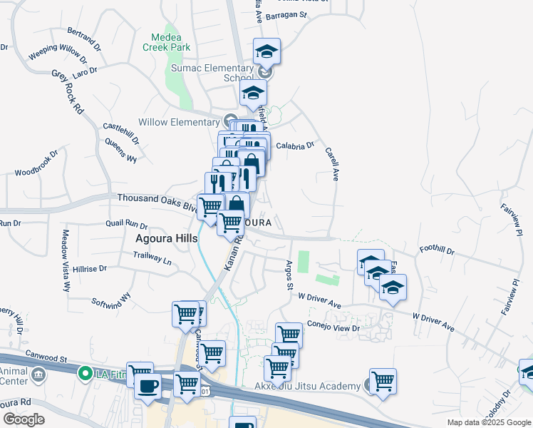 map of restaurants, bars, coffee shops, grocery stores, and more near 5800 Kanan Road in Agoura Hills
