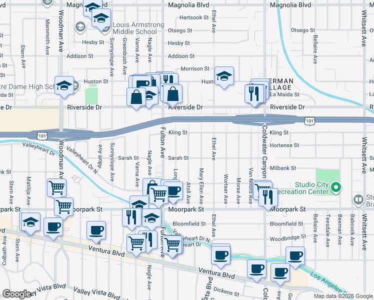 map of restaurants, bars, coffee shops, grocery stores, and more near 4617 Atoll Avenue in Los Angeles