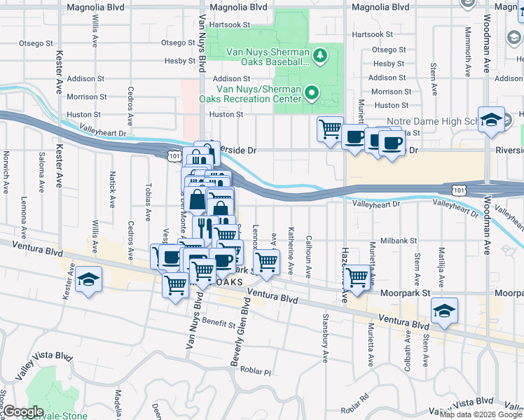 map of restaurants, bars, coffee shops, grocery stores, and more near 14301 Hortense Street in Los Angeles