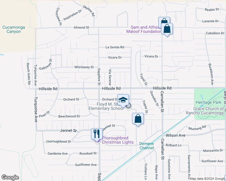 map of restaurants, bars, coffee shops, grocery stores, and more near 8391 Hillside Road in Rancho Cucamonga