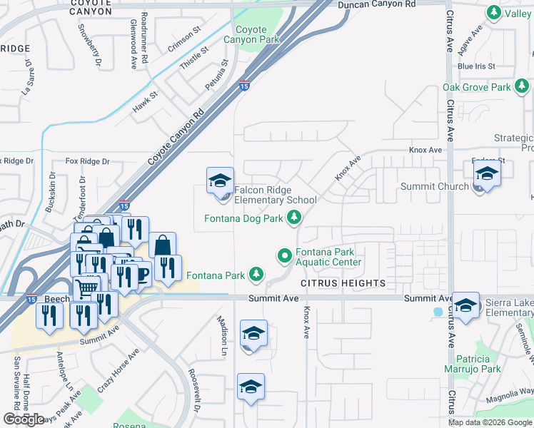 map of restaurants, bars, coffee shops, grocery stores, and more near 5447 Biella Court in Fontana