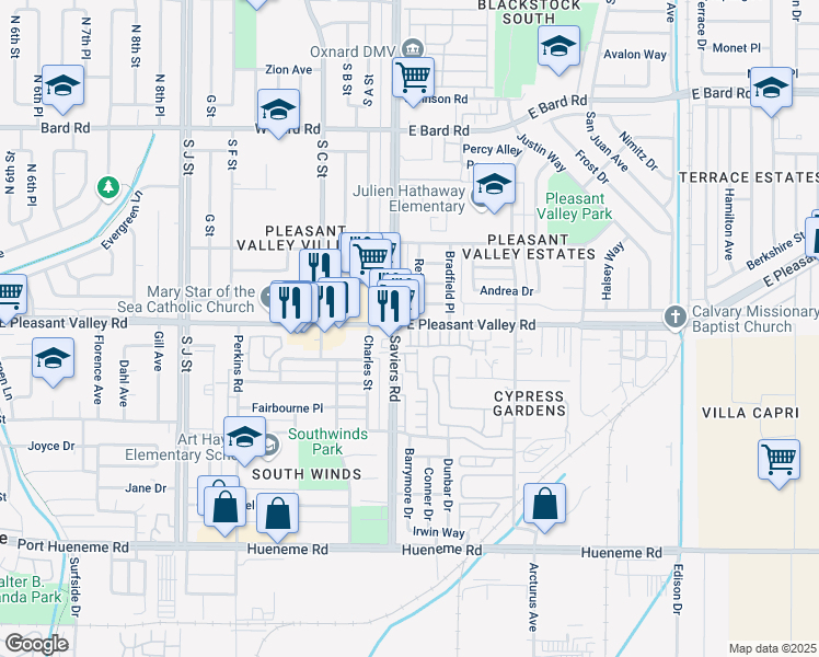 map of restaurants, bars, coffee shops, grocery stores, and more near 215 East Pleasant Valley Road in Oxnard