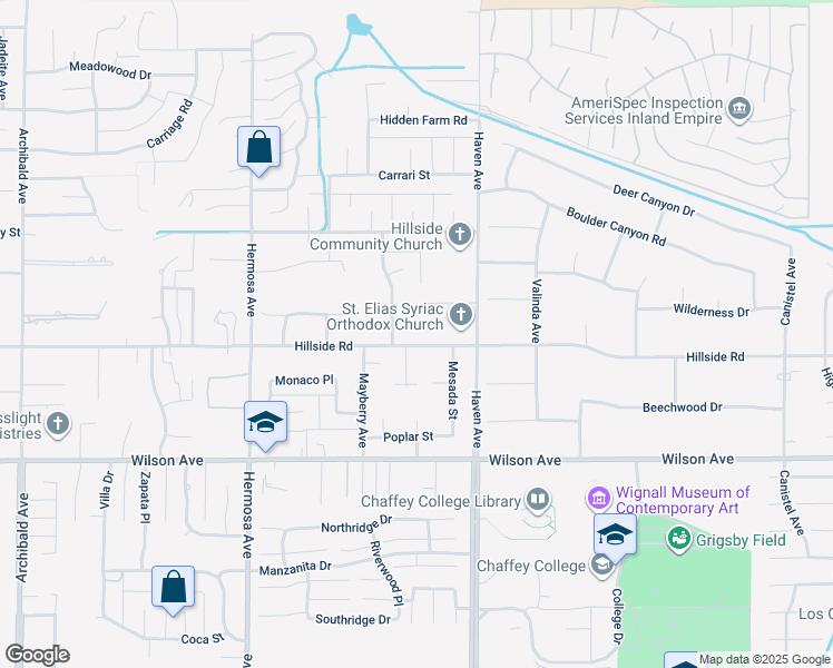 map of restaurants, bars, coffee shops, grocery stores, and more near 10392 Hillside Road in Rancho Cucamonga