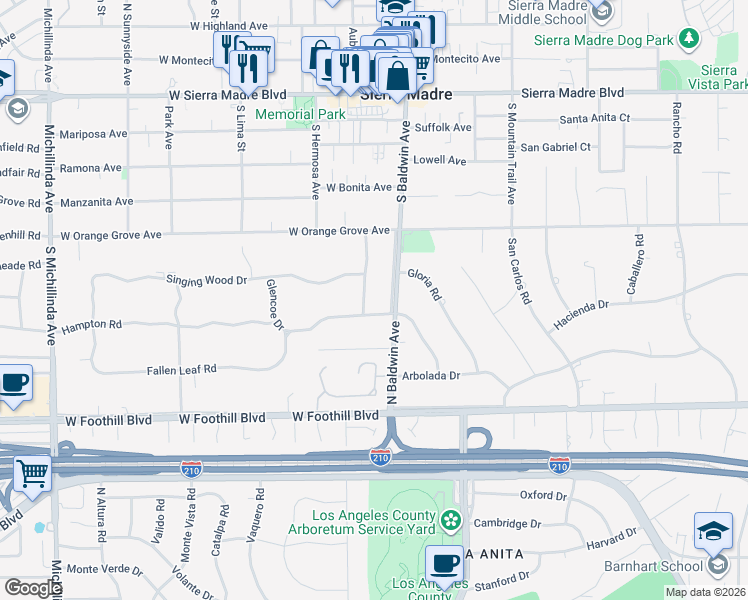 map of restaurants, bars, coffee shops, grocery stores, and more near 1310 Santa Margarita Drive in Arcadia