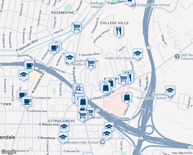 map of restaurants, bars, coffee shops, grocery stores, and more near 760 Luton Drive in Glendale